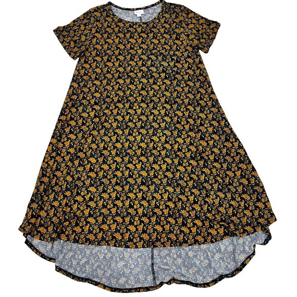 LuLaRoe Carly Swing Dress Blue & Yellow Flowers High Low Dress Small Slinky Fabr - Picture 1 of 4